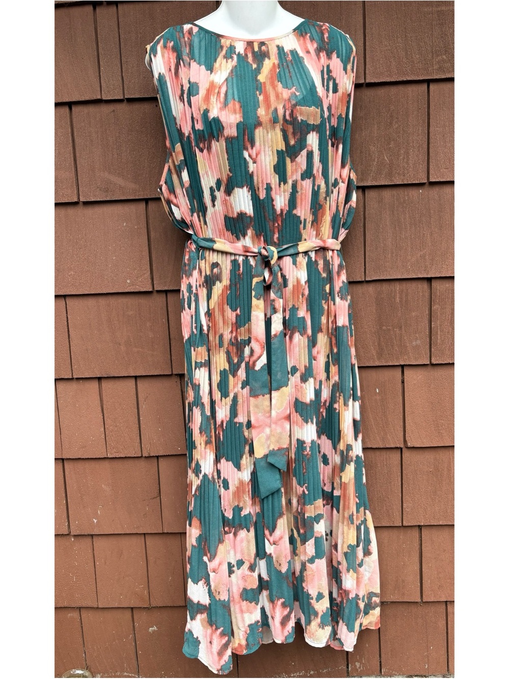 Banana Republic Teal, Pink and Peach Pleated Floral Maxi Dress large